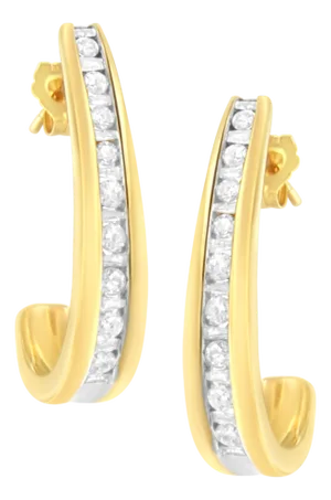 10K Yellow Gold 1 cttw Channel Set Diamond J-Hoop Earrings (H-I Clarity, I1-I2 Color)