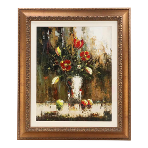 1990s Still Life Floral Oil Painting by Van Matino Ahn Tulips Bouquet in Vase Framed