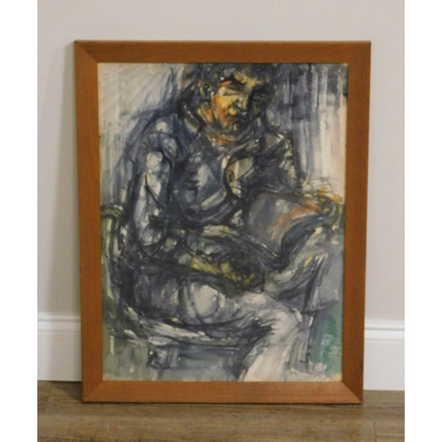 High Quality Vintage Gestural Abstract Portrait of a Man, Watercolor on Board, Custom Wood Frame