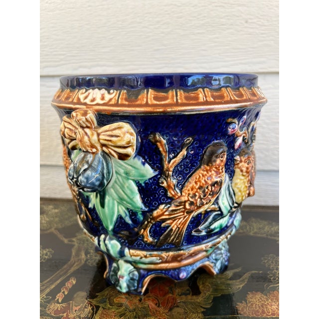 Antique Majolica Bird Planter Cache Pot Jardinière Cobalt Blue Wasmuël C1890 For Sale - Image 12 of 18