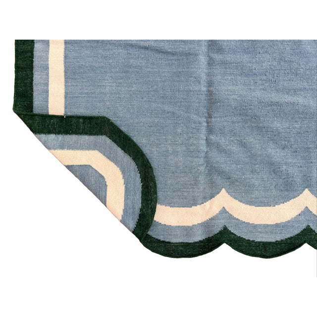 Casa Cosima Handmade Woolen Scalloped Rug, Blue With Cream and Forest Green Border - 8'x10' For Sale - Image 4 of 10