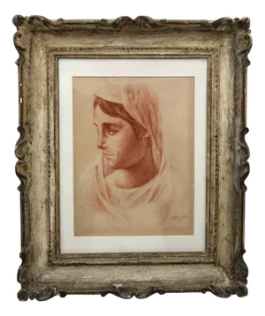 Ubaldo Oppi, Portrait of Woman's Face, 1928, Sanguine Drawing, Framed
