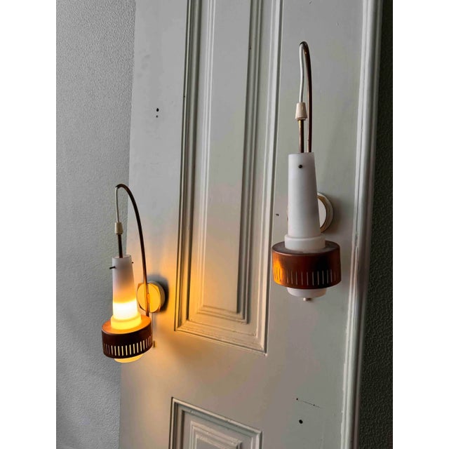 Metal Mid-Century Modern Scandinavian Sconces in Brass and Opaline Glass, 1950s, Set of 2 For Sale - Image 7 of 10
