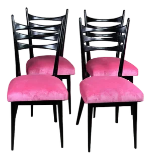Vintage Black Wood & Pink Velvet Side Chairs, Italy, 1950s, Set of 4