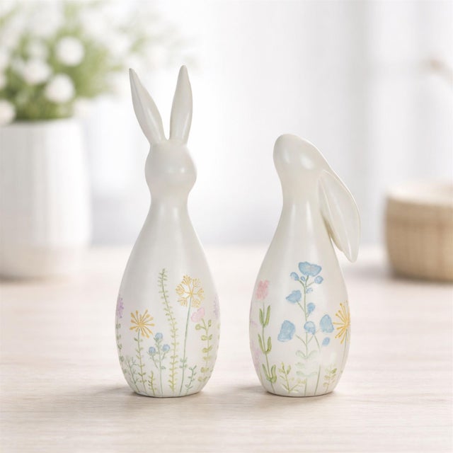 Farmhouse Pastel Floral Rabbit Figurines (Set of 2) For Sale - Image 3 of 5