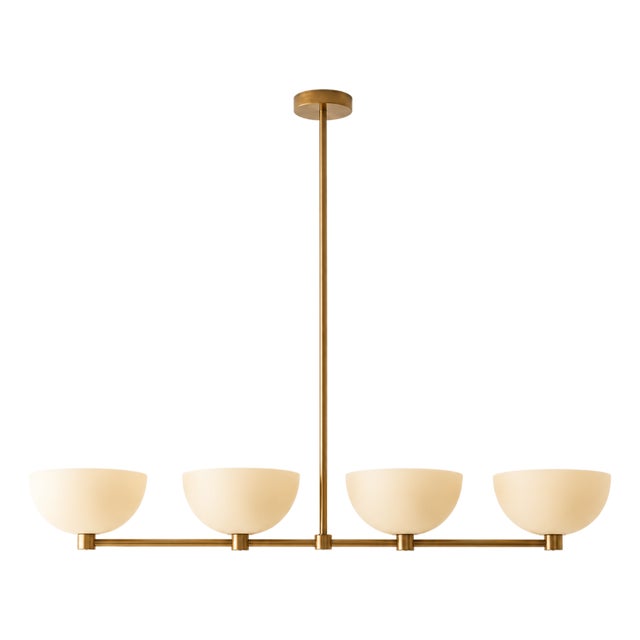 Modern Linear Chandelier 4 Light, Matte Off White Dome Pendant Light Brass Dining Room Fixture, Kitchen Island Lighting, Minimalist Light For Sale