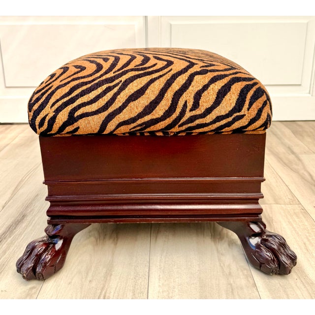 Brown Mid-Century Regency Revival Paw Foot Ottoman in Tiger Upholstery For Sale - Image 8 of 11