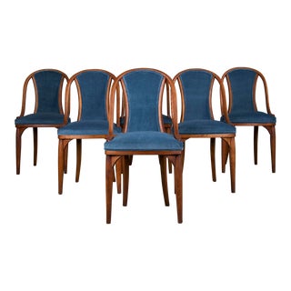 1920s Bentwood Gondola Dining Chairs W/ Blue Velvet by Thonet - Set of 6 - Labeled For Sale