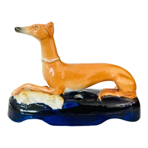 Antique Staffordshire Greyhound Figurine With Hare | Victorian Pen Holder/ Ink Well