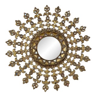 Large Mid-Century Peruvian Giltwood Sunburst Mirror With Intricate Carved Detail For Sale