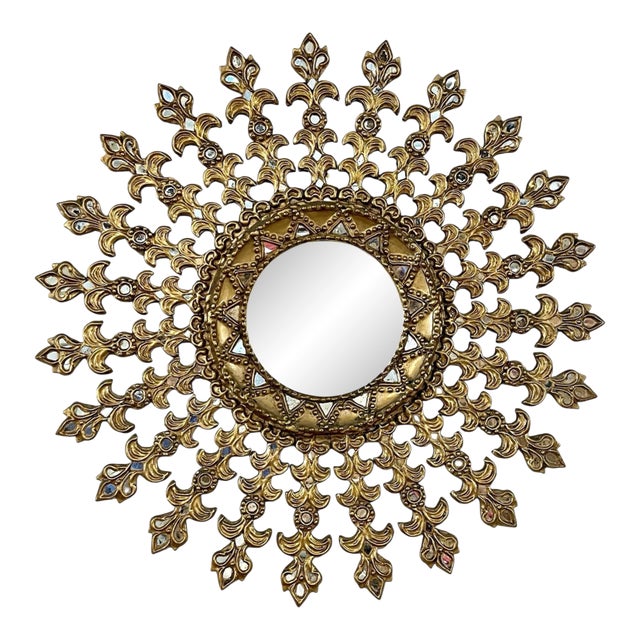 Large Mid-Century Peruvian Giltwood Sunburst Mirror With Intricate Carved Detail For Sale