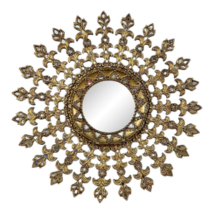 Large Mid-Century Peruvian Giltwood Sunburst Mirror With Intricate Carved Detail