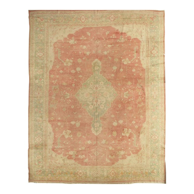 Antique Oushak Carpet, Oriental Rug, Handmade Ivory, Muted Coral, Soft Green For Sale