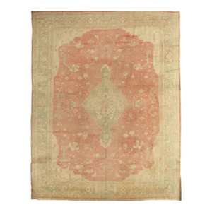 Antique Oushak Carpet, Oriental Rug, Handmade Ivory, Muted Coral, Soft Green
