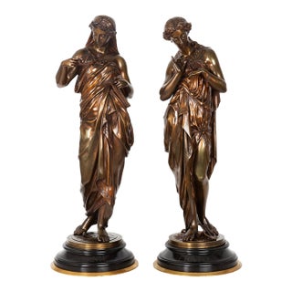 Pair of French Antique Bronze Sculpture “Uranie” and “Erato” by Emile Picault For Sale