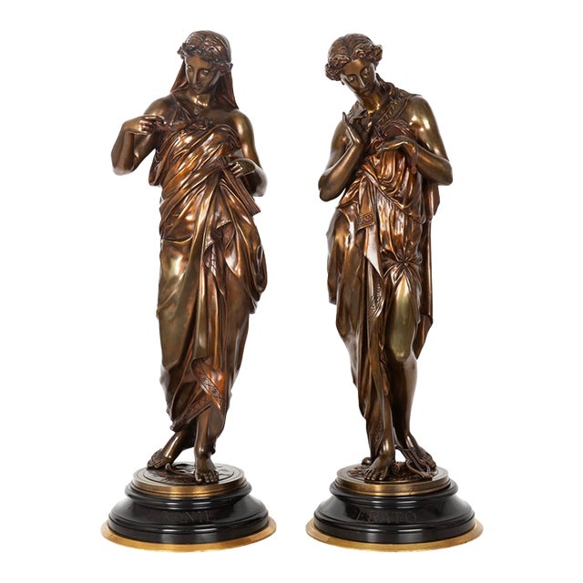 Pair of French Antique Bronze Sculpture “Uranie” and “Erato” by Emile Picault For Sale