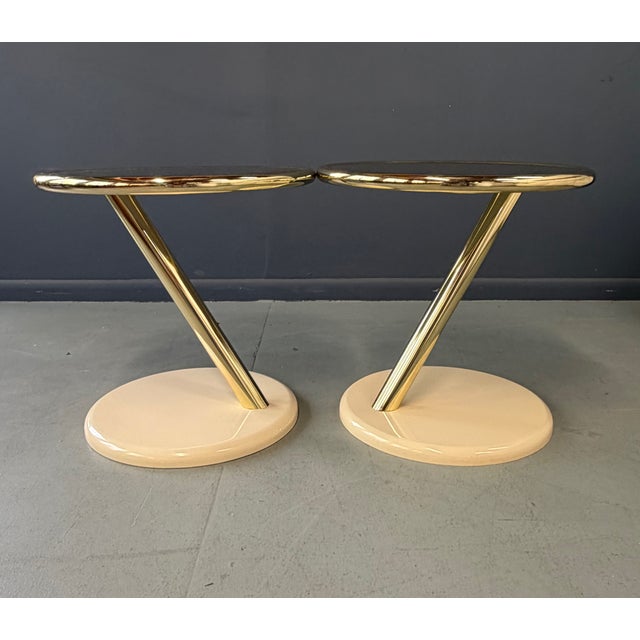 Vintage Pair of Casprini Italian Postmodern Side Tables in Brass, Grey Glass and Lacquer For Sale - Image 11 of 12