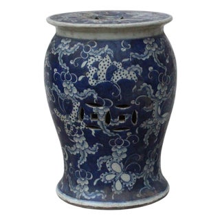 Distressed Blue & White Porcelain Round Butterflies Stool Side Table For Sale