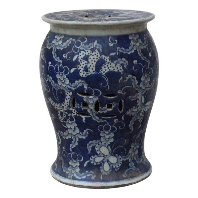 Distressed Blue & White Porcelain Round Butterflies Stool Side Table For Sale