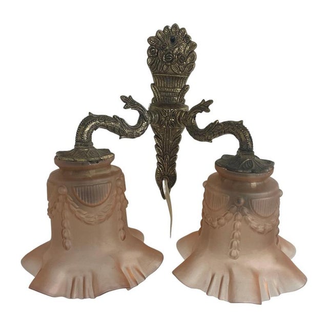 Antique Art Deco Wall-Mounted Lamp with Brass Base and Pink Satin Glass Shades For Sale - Image 5 of 11