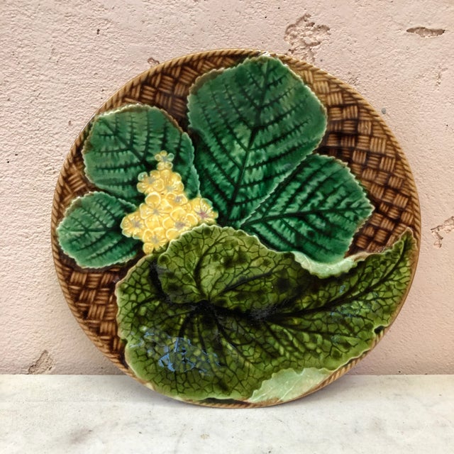 Late 19th Century C.1890 French Majolica Leaves & Yellow Flowers Plate Clairefontaine For Sale - Image 5 of 5