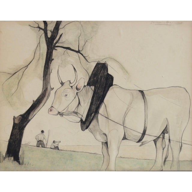 Idyllic landscape with ox and figures', pencil and gouache on art paper, by germaine hageman (circa 1930s-40s). This is a...