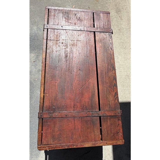 Early 19th Century Original Painted Wood Trunk W/Hand Forged Iron Hardware For Sale - Image 4 of 14
