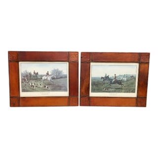 Late 20th Century Pair of Thomas Blinks Fox Hunting Prints in Leather-Wrapped Frames From Hollywood Prop House For Sale