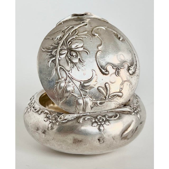 Antique Art Nouveau Repoussé Silver 800 Pill Box With Gilt Interior, Circa 1900 For Sale - Image 9 of 12