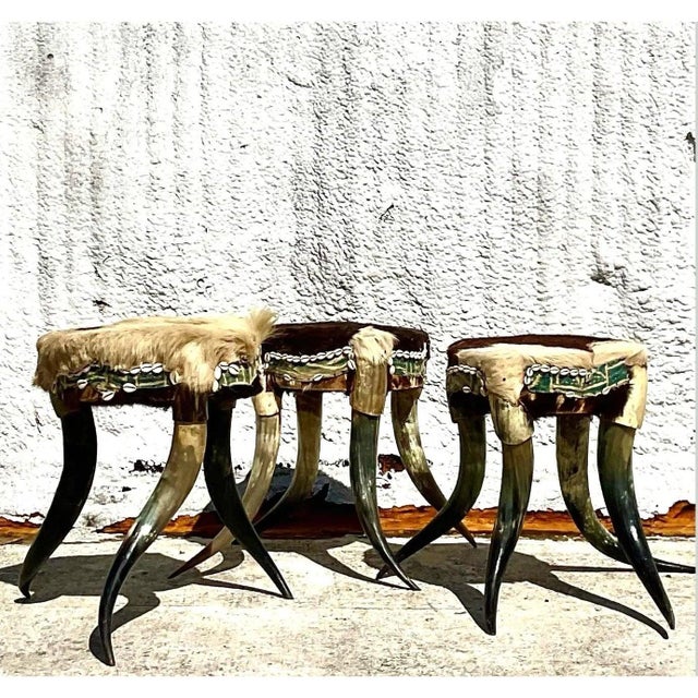 Mid-Century Modern Vintage Boho Horn Stools - Set of 3 For Sale - Image 3 of 10