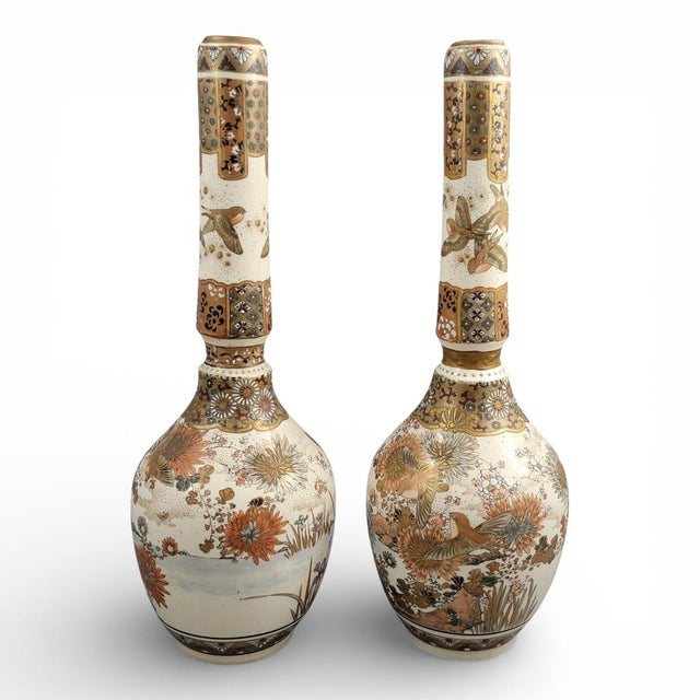 Tall Japanese Satsuma Vases with Moriage and Gold Pointillé, Set of 2 For Sale - Image 4 of 18