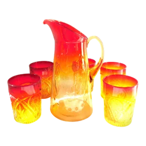 Amberina Kanawha Eagle Large Hand Blown Mid Century Pitcher & Five Glass Set, Blenko Glass Company.