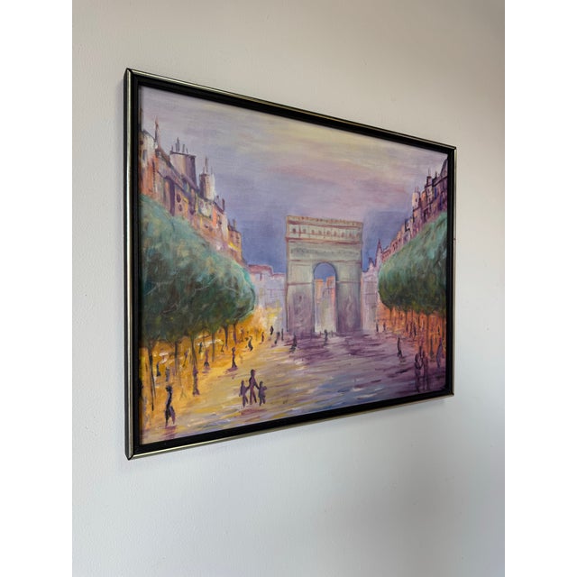 A vibrant and atmospheric vintage 1970’s oil on canvas painting by Eric Lewis, capturing the iconic Arc de Triomphe in...