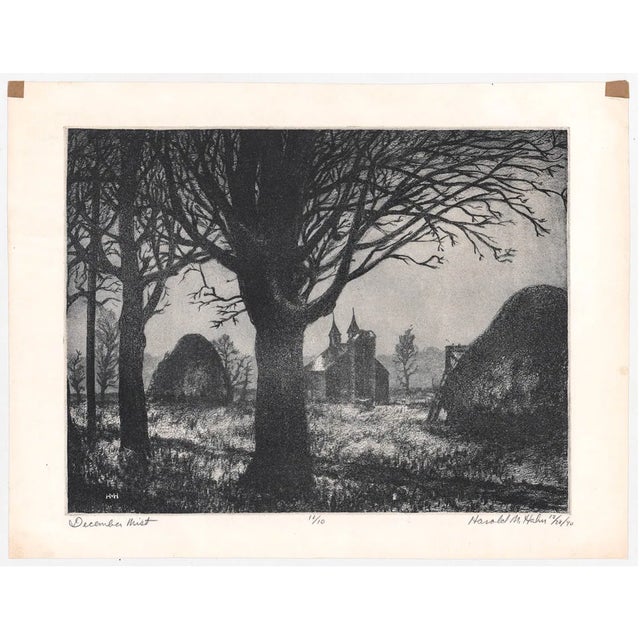 By Cleveland Ohio artist Harold Maxwell Hahn (1920-2012) "December Mist" etching and aquatint, pencil signed lower right,...