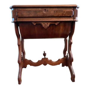 1900s Antique Burled Walnut Sewing Table With Two Drawers Lined in Original Green Felt, All Original