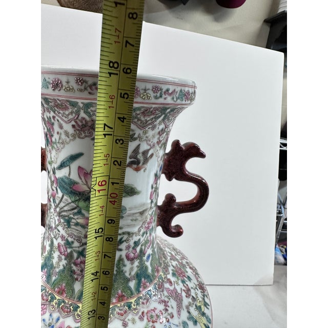 Large 18" Chinese Famille Rose Porcelain Vase With Dragon Handles & Peacocks For Sale - Image 10 of 12