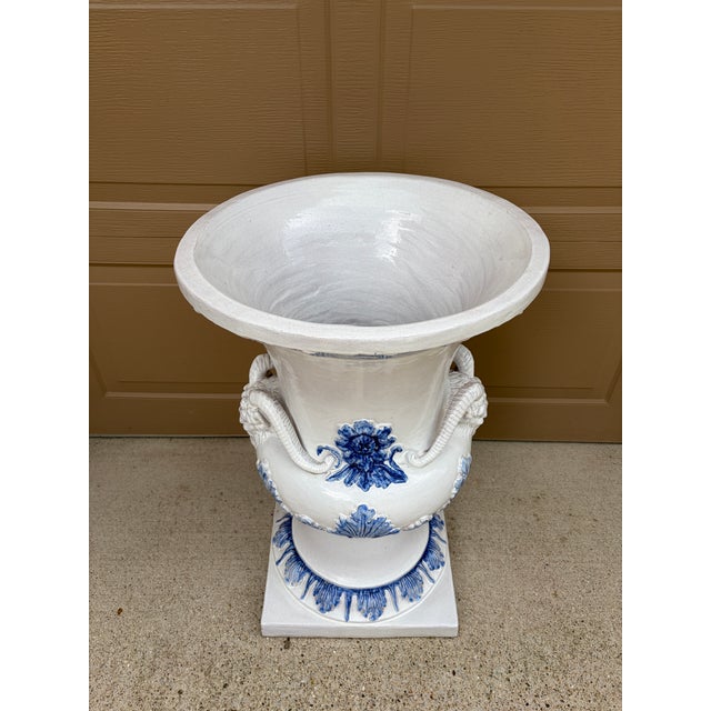 Ceramic Monumental Blue & White Majolica Grecian Urn With Jupiter Ammon Motifs For Sale - Image 7 of 17