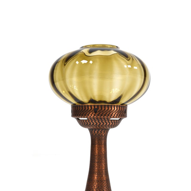 Handmade copper candle holder by Mussbach Metall, West Germany, mid-20th century. Features a hammered copper base with a...