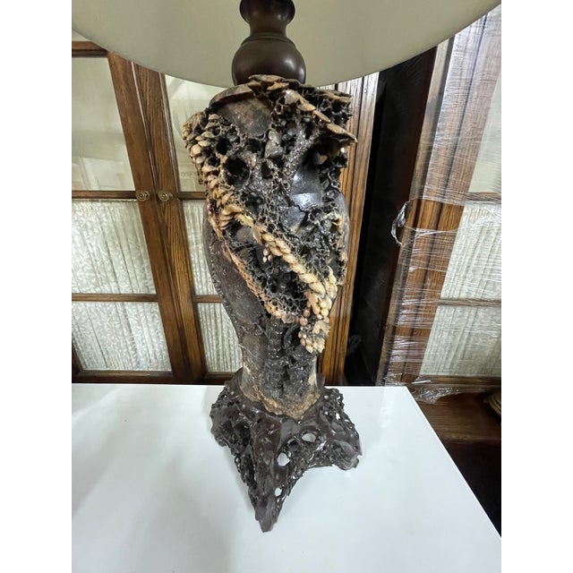 Metal Antique Chinese Elaborately Carved Natural Hard-Stone Table Lamps—A Pair For Sale - Image 7 of 18