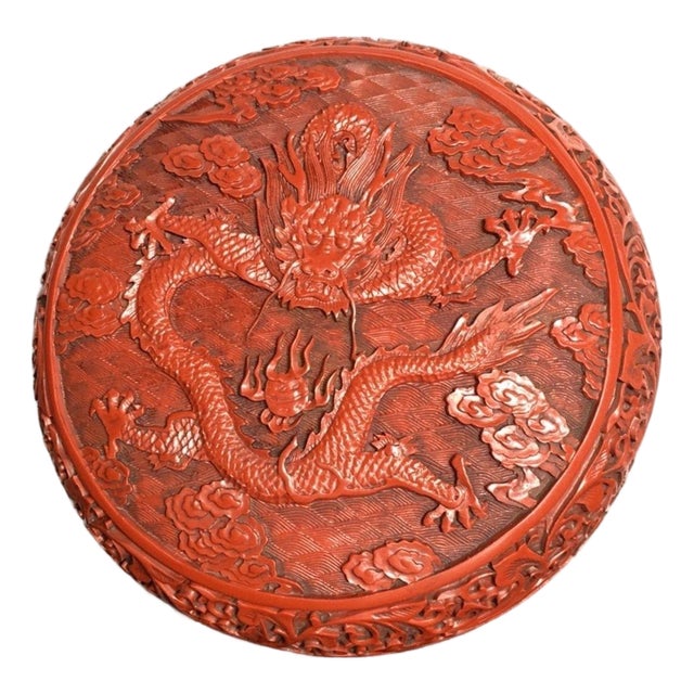 Carved Cinnabar Lacquer Round Lidded Box, Dragon & Cloud Chinoiserie Decorative Box For Sale
