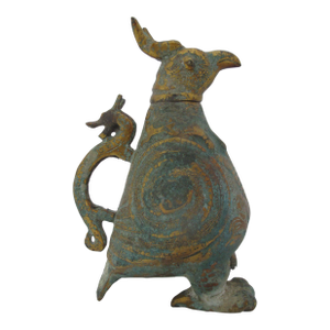 Chinese Archaic Bird Bronze Ware Gold Toad Accent Ritual Wine Vessel Pitcher