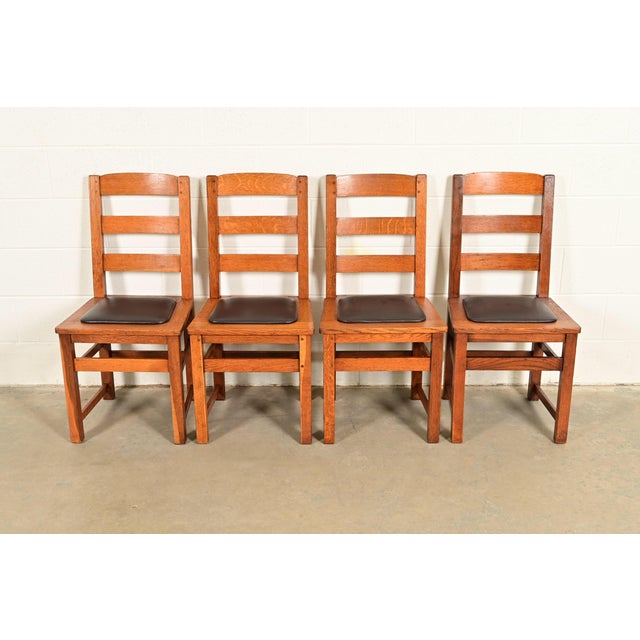 Mission Limbert Antique Mission Oak Arts & Crafts Ladder Back Dining Chairs, Set of Four For Sale - Image 3 of 14