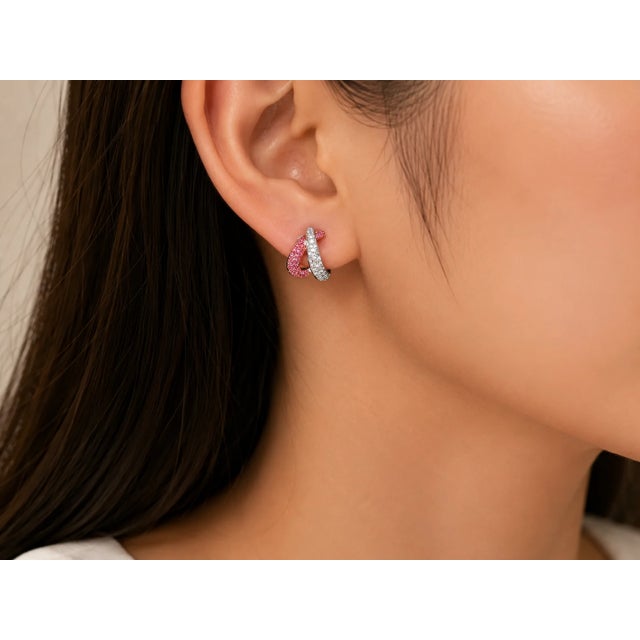 Modern Late 20th Century 18K White Pink Rose Gold Pave Sapphire Diamond Earrings, Pair For Sale - Image 3 of 3