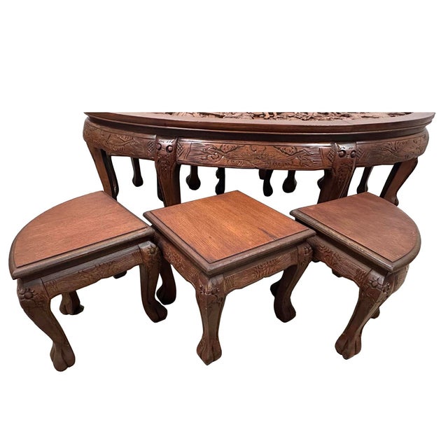 Mid-20th Century Chinese Massive Oval Carved Coffee Table With 6 Nesting Stools For Sale - Image 12 of 12