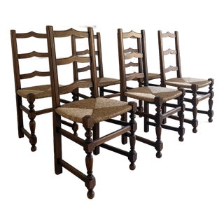 Set of Six Vintage French Oak Rush-Seat Dining Chairs For Sale
