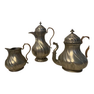 Vintage Pewter Service Set With Rattan Wrapped Handles- 3 Pieces For Sale
