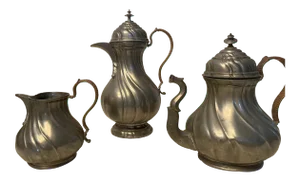 Vintage Pewter Service Set With Rattan Wrapped Handles- 3 Pieces