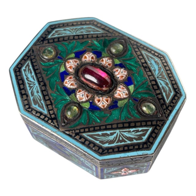 An Austrian Enameled Gilded Sterling Silver Mounted Precious Stones Box For Sale