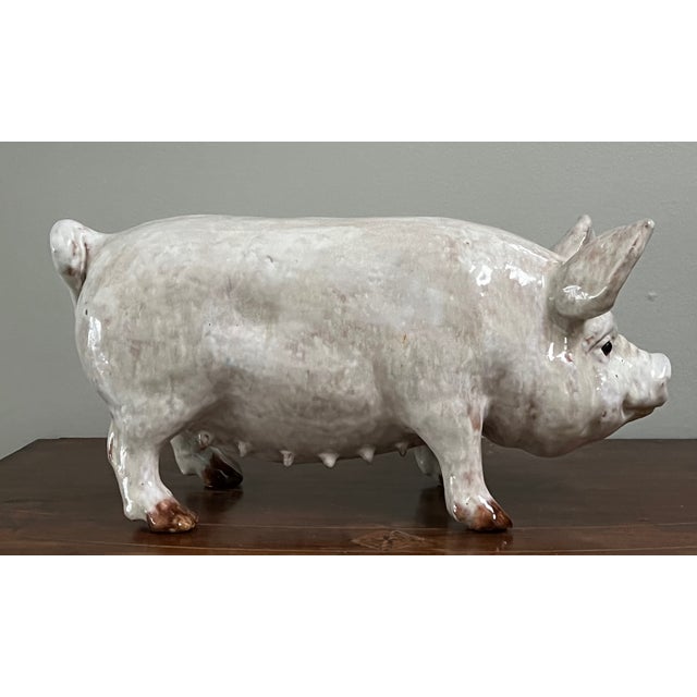 Terra Cotta Tin Glazed Pig With Glass Eyes For Sale - Image 9 of 10