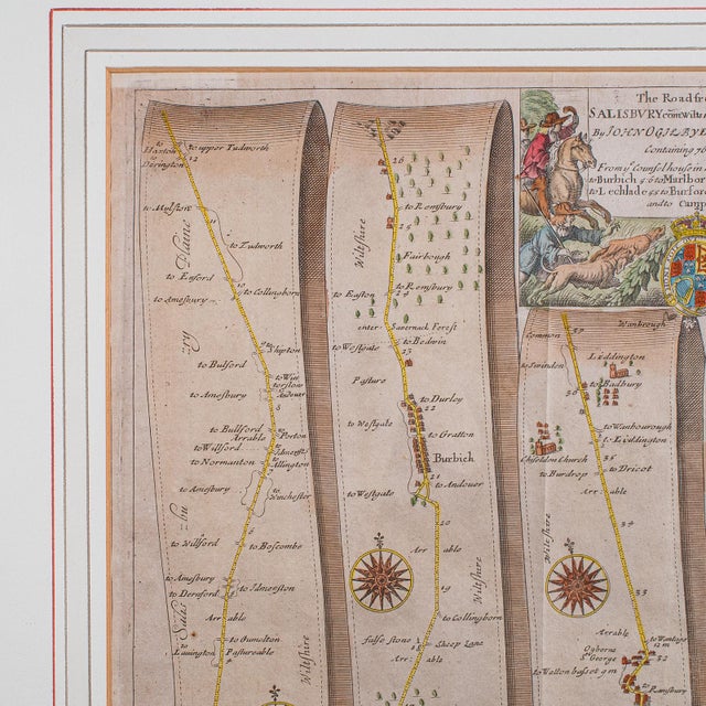 Antique Coaching Map, Salisbury to Campden, English, Framed Cartography, Ogilby For Sale - Image 6 of 12